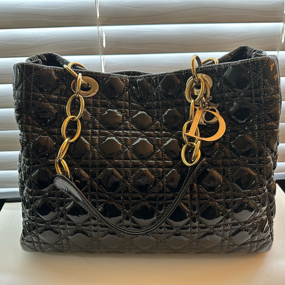 Lady Christian Dior Handbag, Black Patent Leather